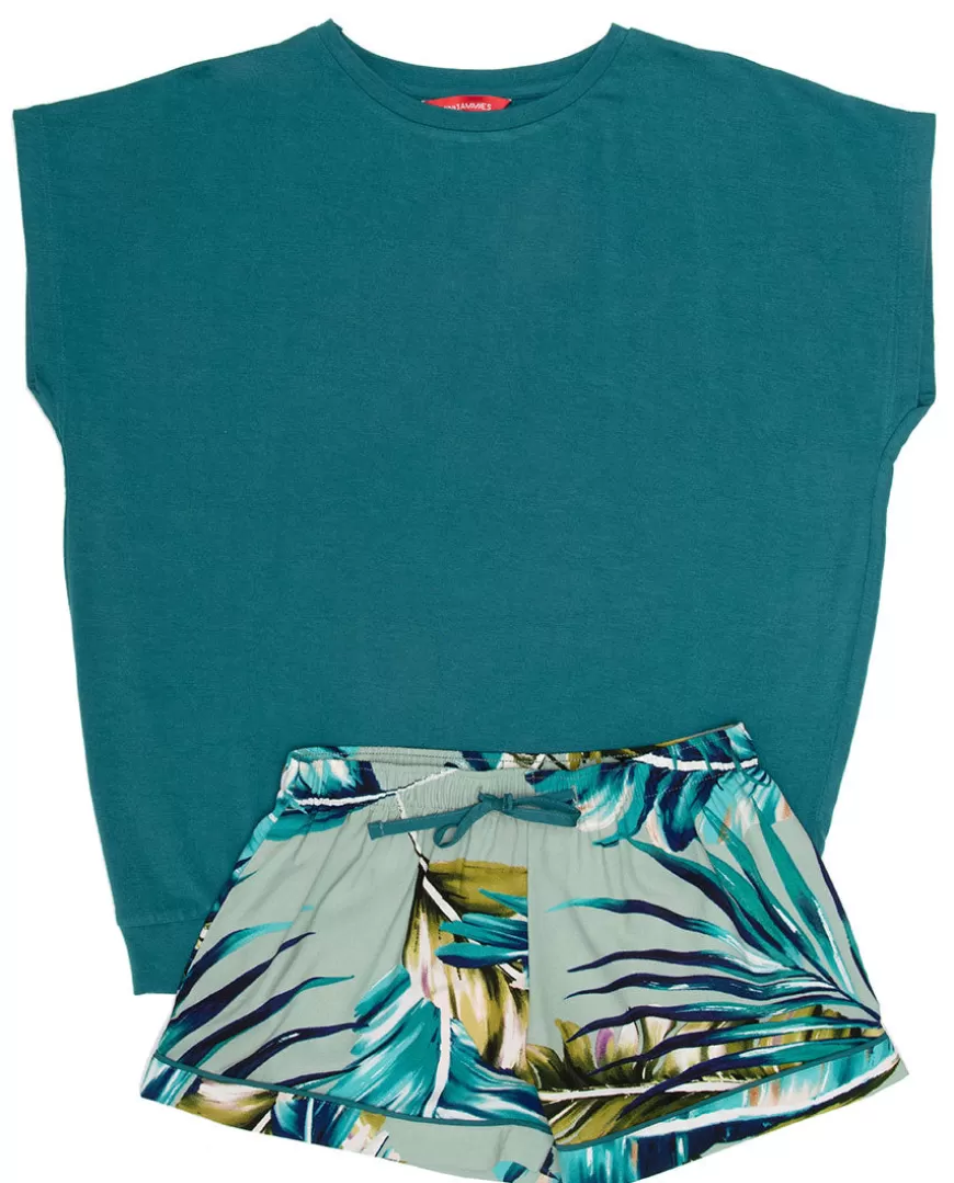 Eleanor Aqua Green Jersey Top And Palm Leaf Print Shorty Set^Cyberjammies Cheap