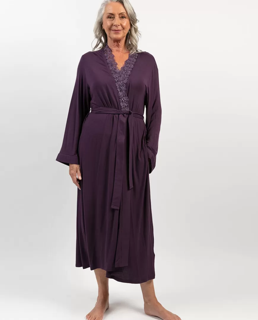 Maeve Lace Detail Purple Jersey Long Dressing Gown^Cyberjammies Store