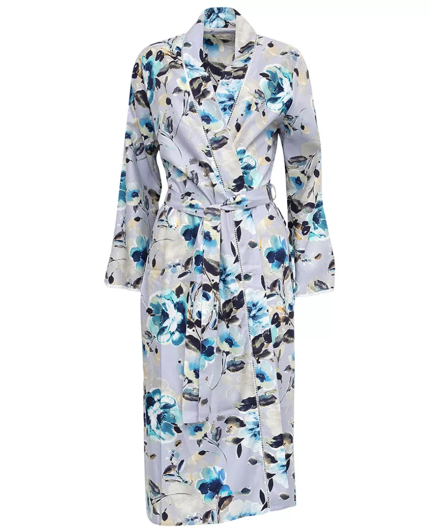 Maeve Lace Trim Grey Floral Print Long Dressing Gown^Cyberjammies Discount