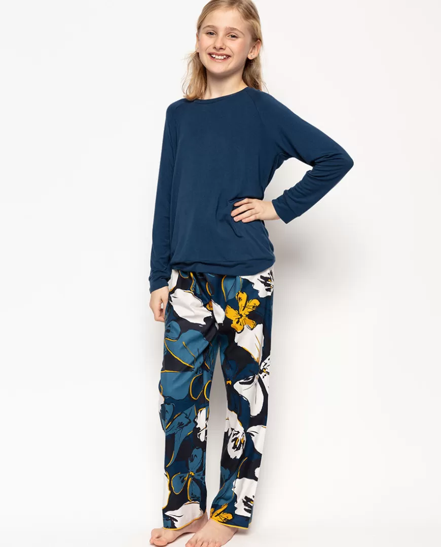 Verity Petrol Blue Jersey Top And Floral Print Pyjama Set^Cyberjammies New