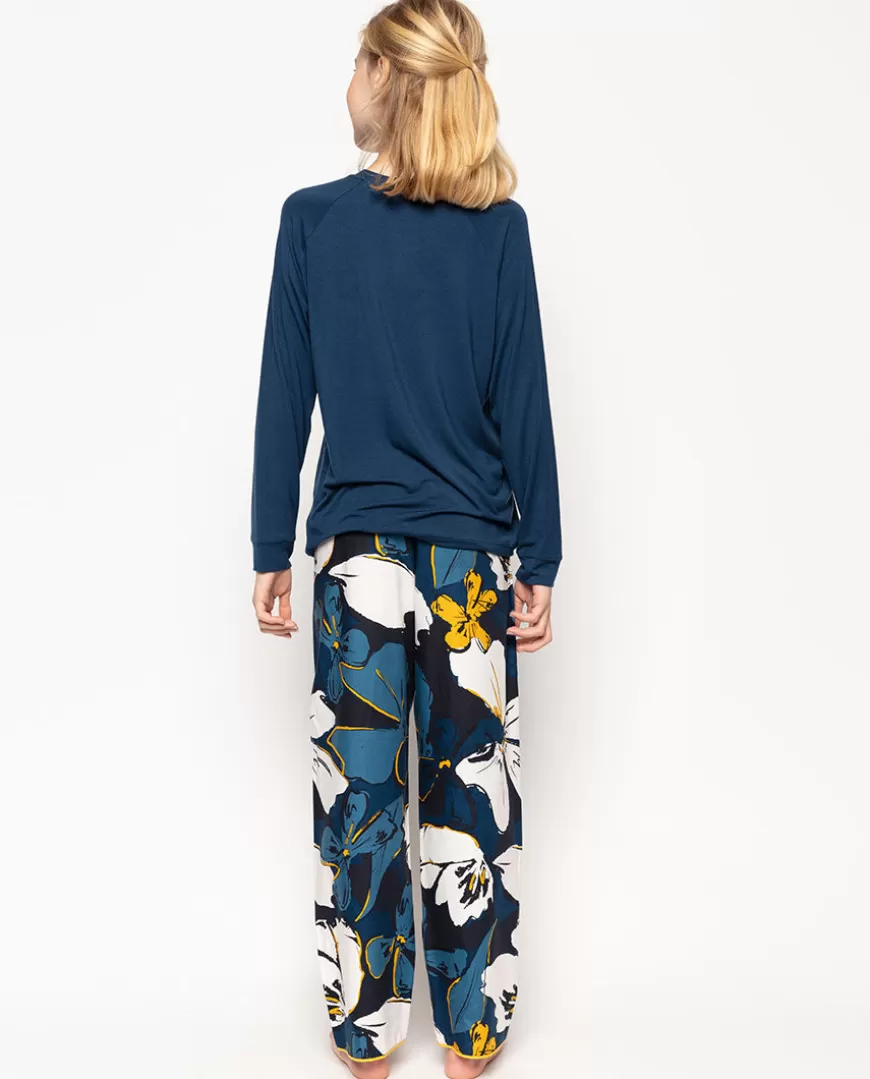 Verity Petrol Blue Jersey Top And Floral Print Pyjama Set^Cyberjammies New