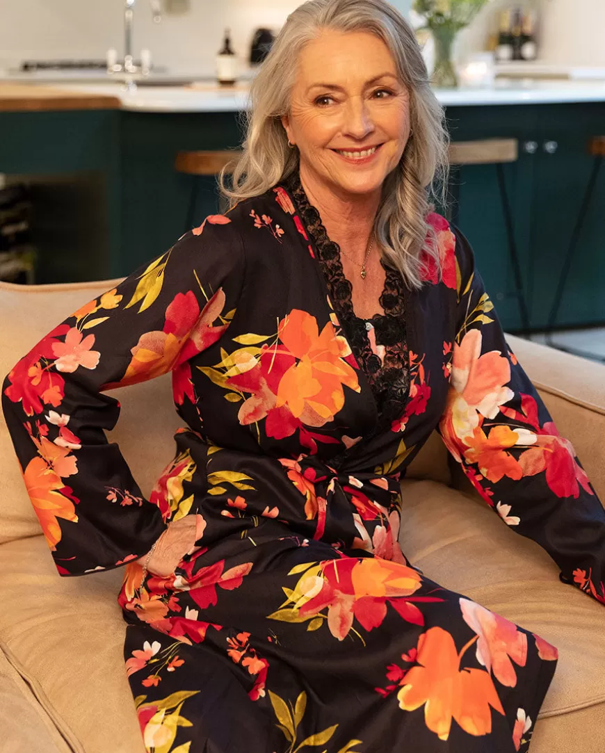 Winnie Lace Detail Black Floral Print Long Dressing Gown^Cyberjammies Store