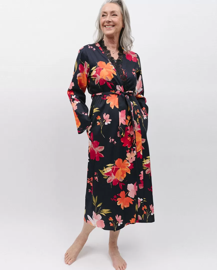Winnie Lace Detail Black Floral Print Long Dressing Gown^Cyberjammies Store