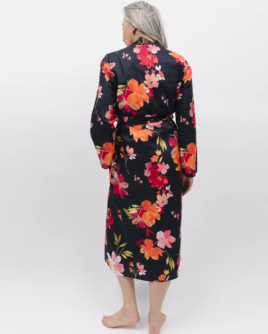 Winnie Lace Detail Black Floral Print Long Dressing Gown^Cyberjammies Store