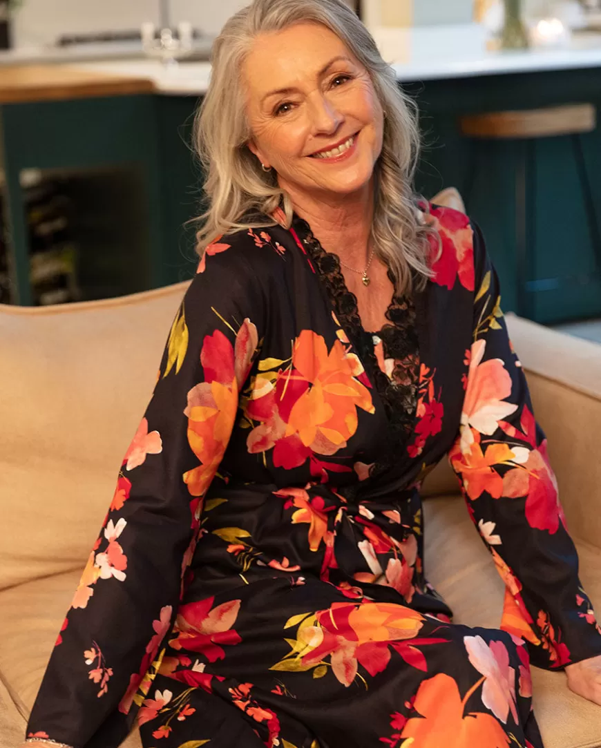Winnie Lace Detail Black Floral Print Long Dressing Gown^Cyberjammies Store
