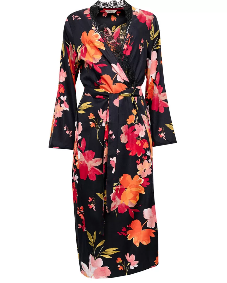 Winnie Lace Detail Black Floral Print Long Dressing Gown^Cyberjammies Store
